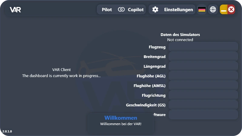 Das Fenster des VAR Clients mit den Daten des Simulators